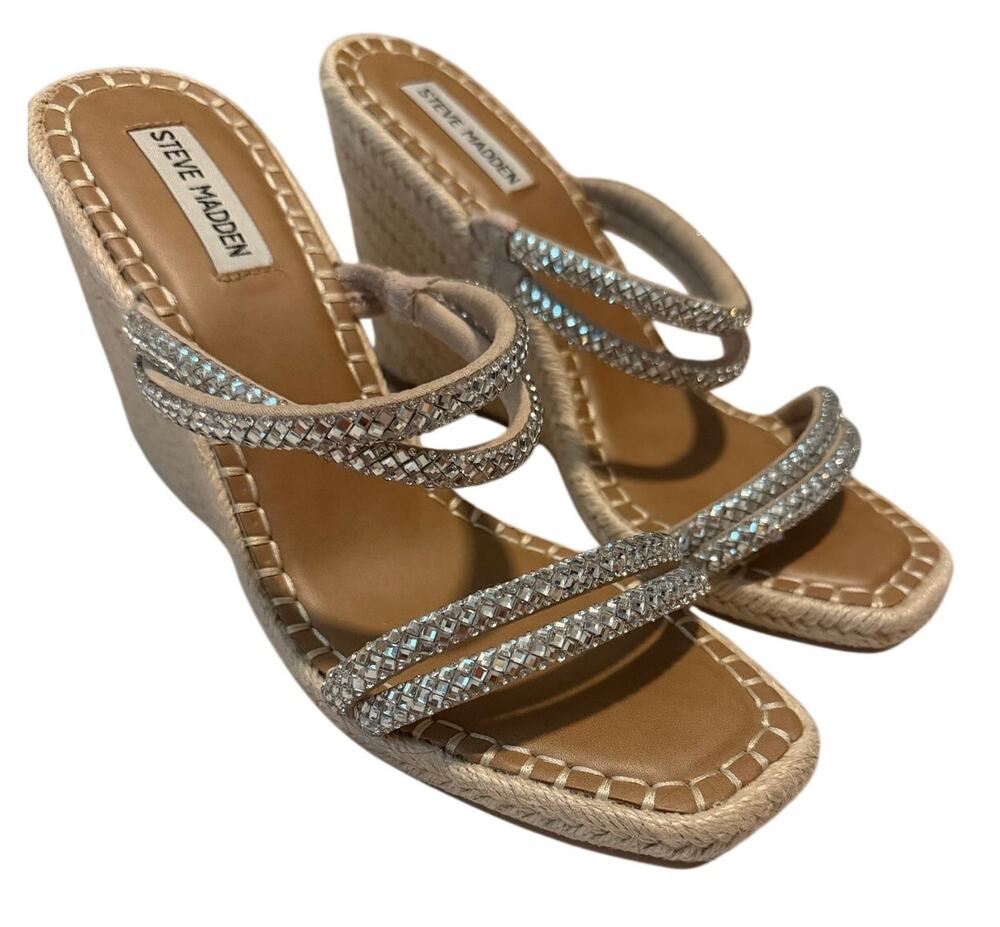 Steve Madden Incharge Rhinestone Espadrille Wedge Sandals - Tan Silver- Size 9